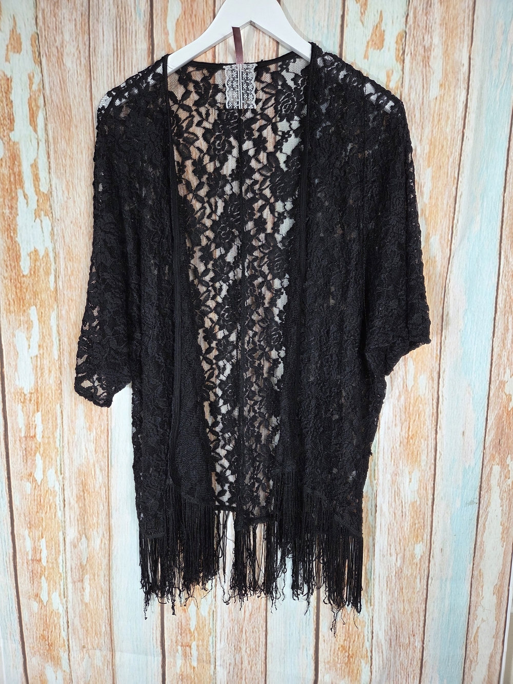 Mauve Black Lace Fringe Kimono Jacket. Size XL